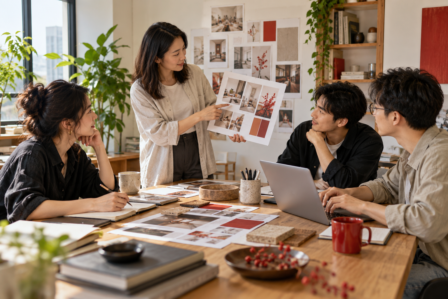 Voorbeeldfoto: een Chinees creatief team bespreekt campagnemateriaal