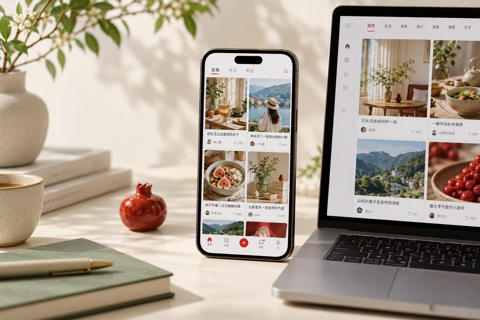 Voorbeeldfoto: Chinese socialemediacontent op smartphone en laptop
