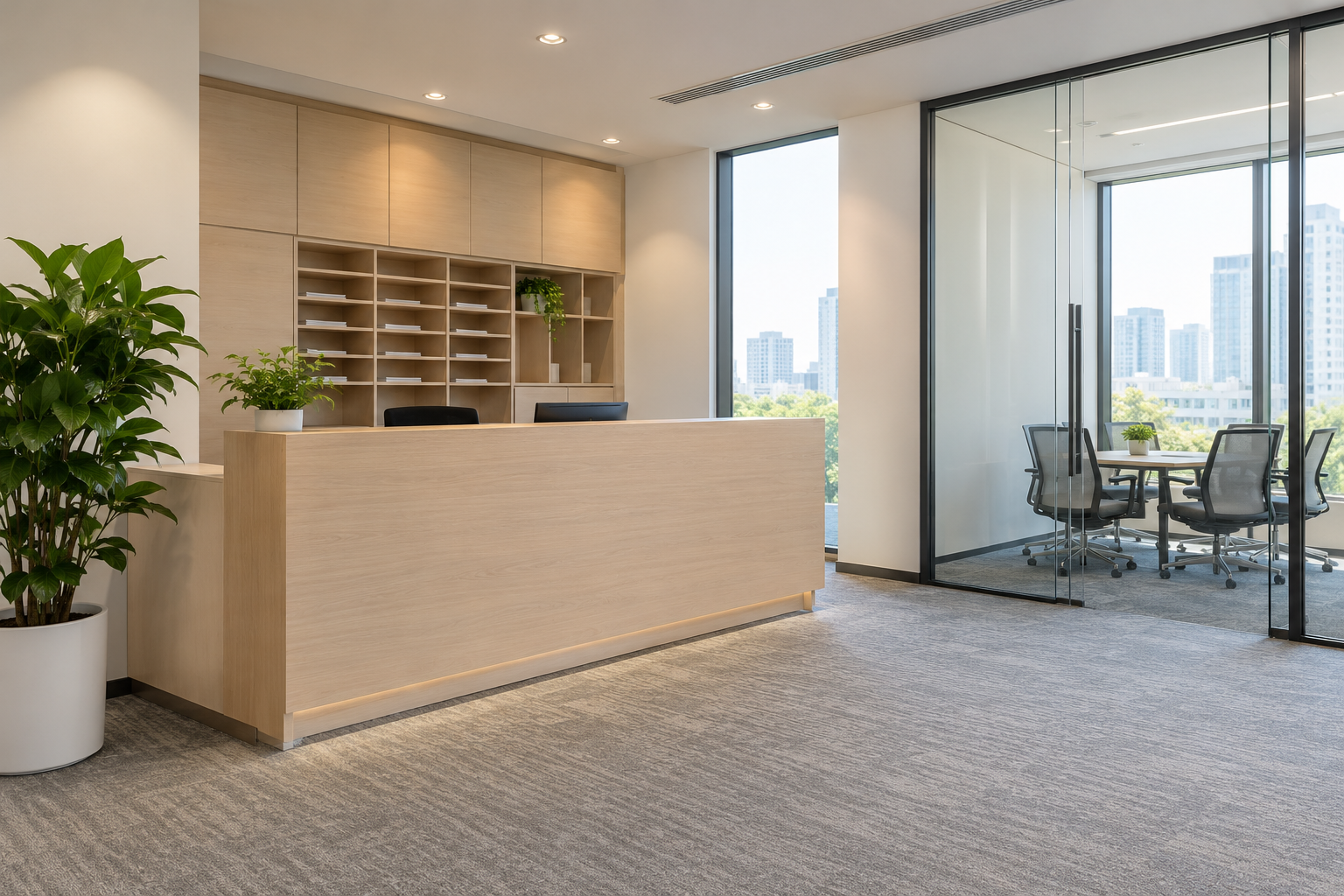 Voorbeeldfoto: receptie en vergaderruimte van een businesscenter; niet de daadwerkelijke locatie in Shenzhen